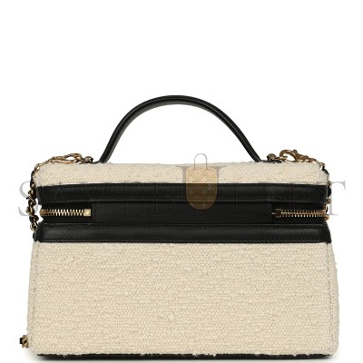 CHANEL MASTER COCO BEACH TOP HANDLE LONG VANITY CASE WITH CHAIN ECRU TWEED AND BLACK CALFSKIN GOLD HARDWARE (19*13*5cm) 